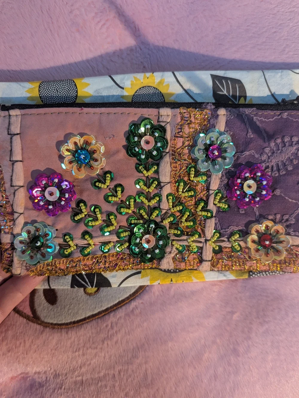 Embellished Floral Sequin Clutch - Pink and Purple